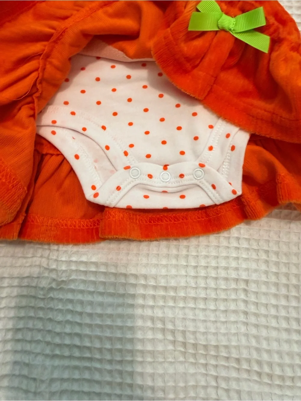 Baby Starters Orange Pumpkin Jumper with Green Bows and White Polka Dot Shirt